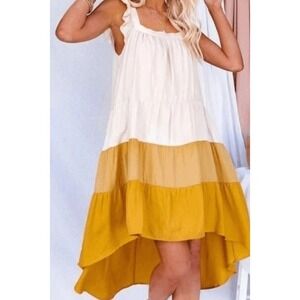 Moodie Colorblock High Low Tiered Square Neckline Ruffle Straps Midi Dress Small